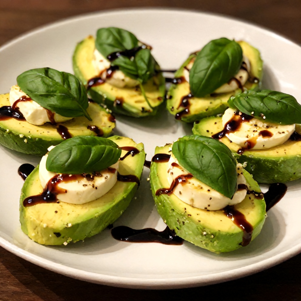 Plated keto caprese stuffed avocado bites with fresh basil and balsamic glaze