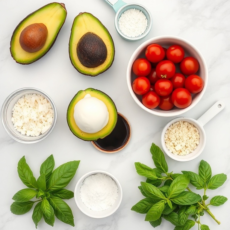 Raw ingredients for keto caprese stuffed avocado bites on a white marble surface