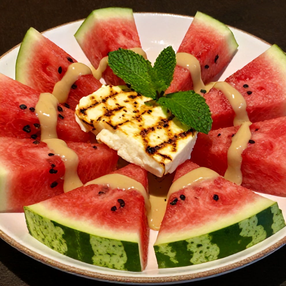 Plated keto watermelon salad with grilled halloumi and fresh mint