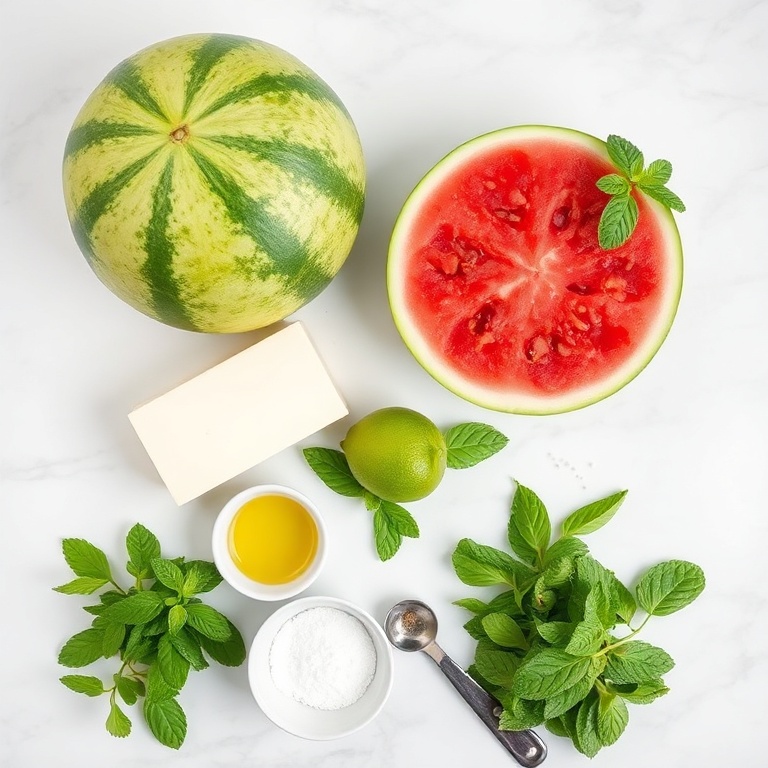 Ingredients for keto watermelon salad with halloumi on a marble surface