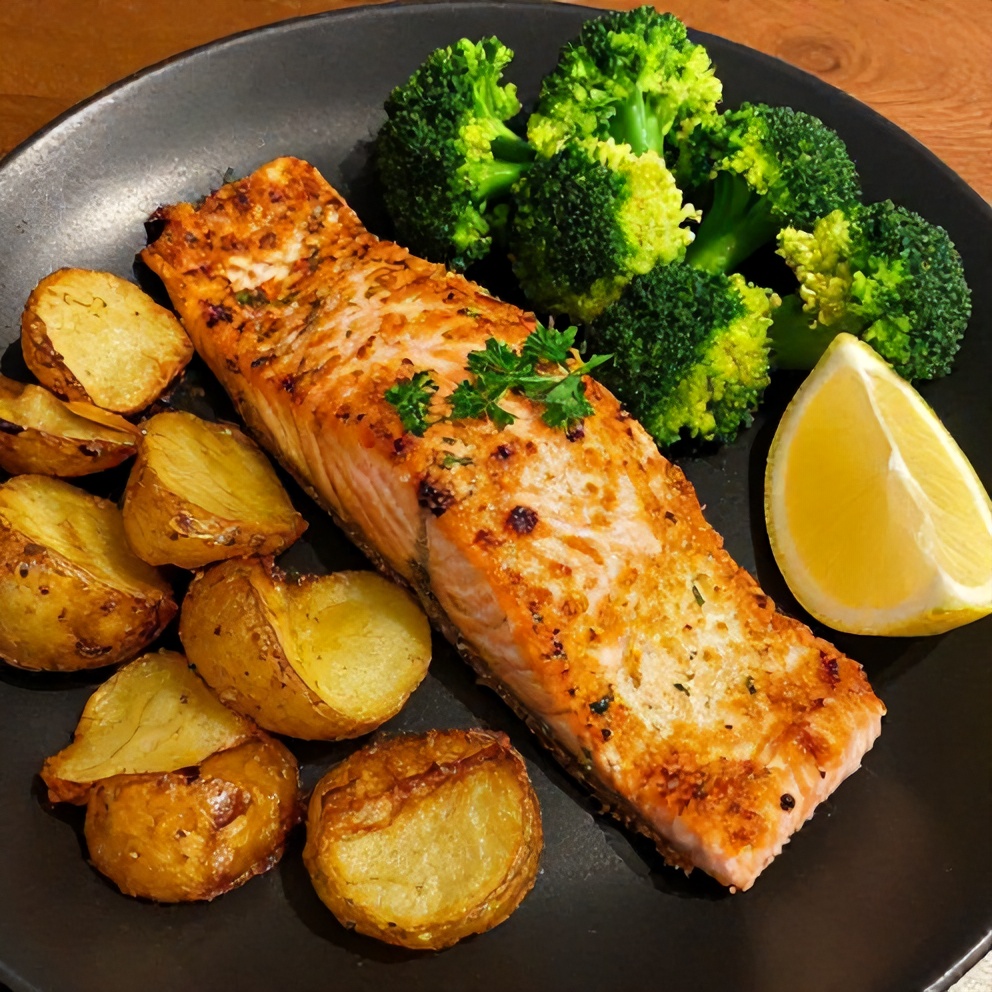 Plated lemon butter salmon with crispy potatoes and broccoli