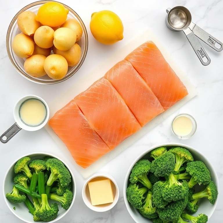 Raw ingredients for lemon butter salmon with crispy potatoes and broccoli