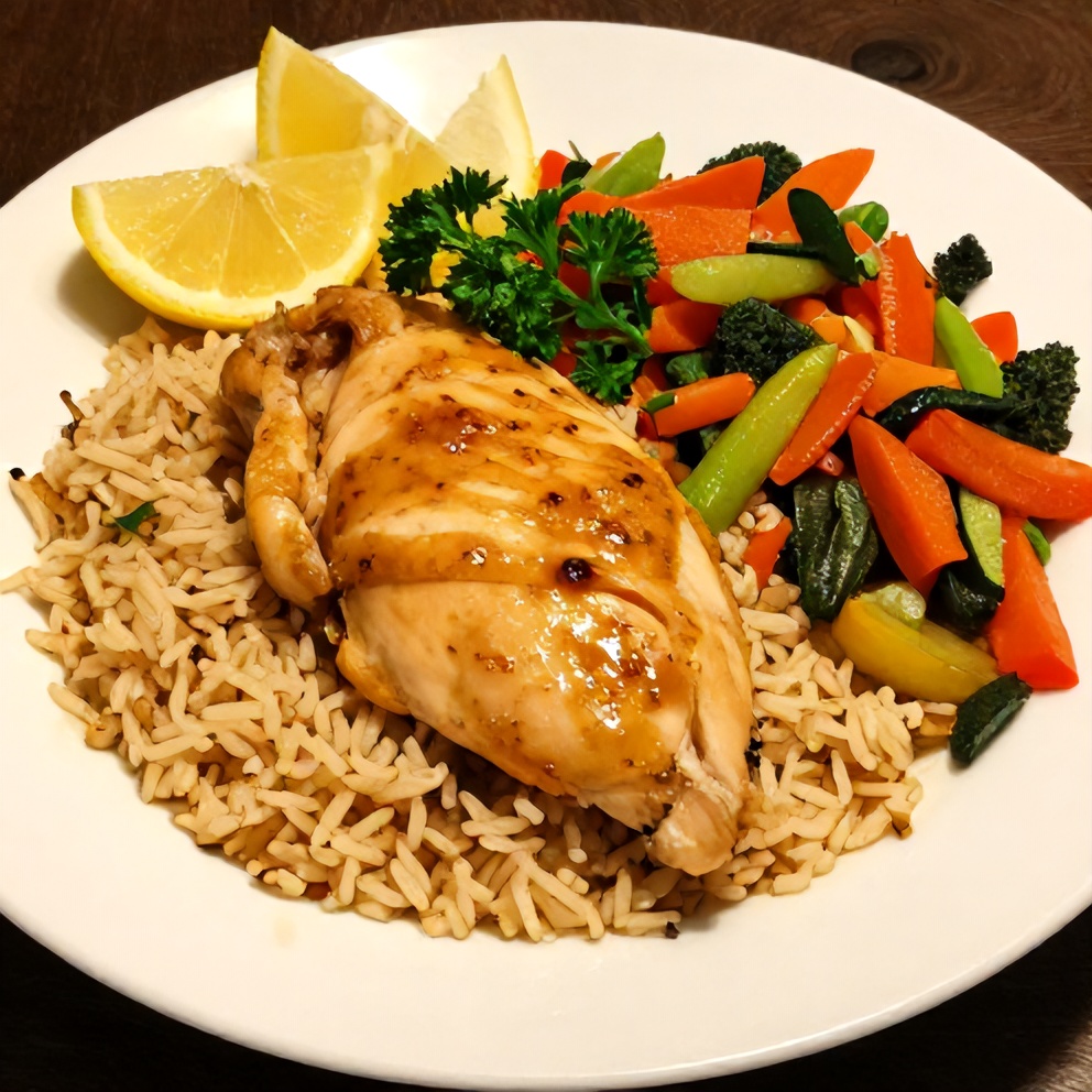 Plated lemon chicken and rice dinner