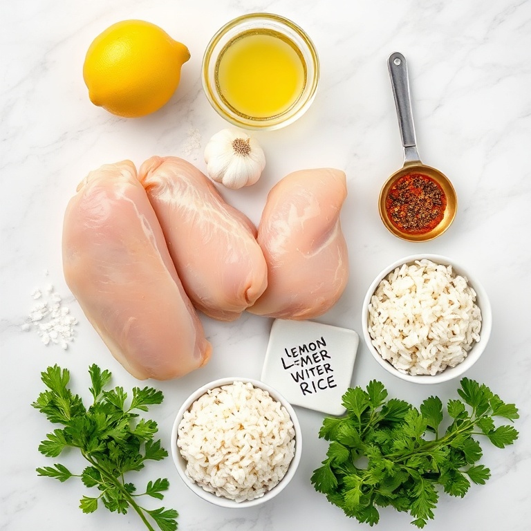 Raw ingredients for lemon chicken and rice