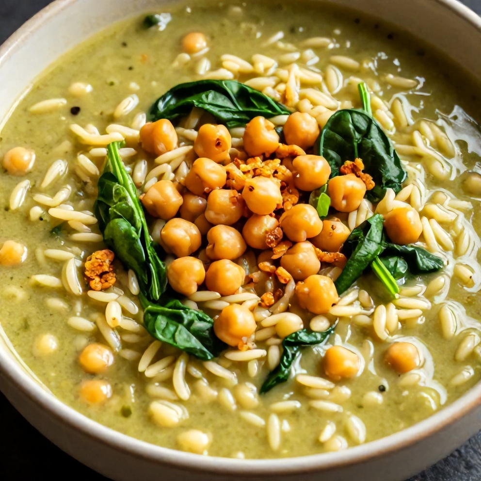Bowl of Lemon Chickpea Orzo Soup with Crispy Chickpeas