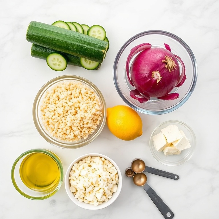 Lemon, cucumber, couscous, olive oil, lemon juice, and other ingredients for the salad