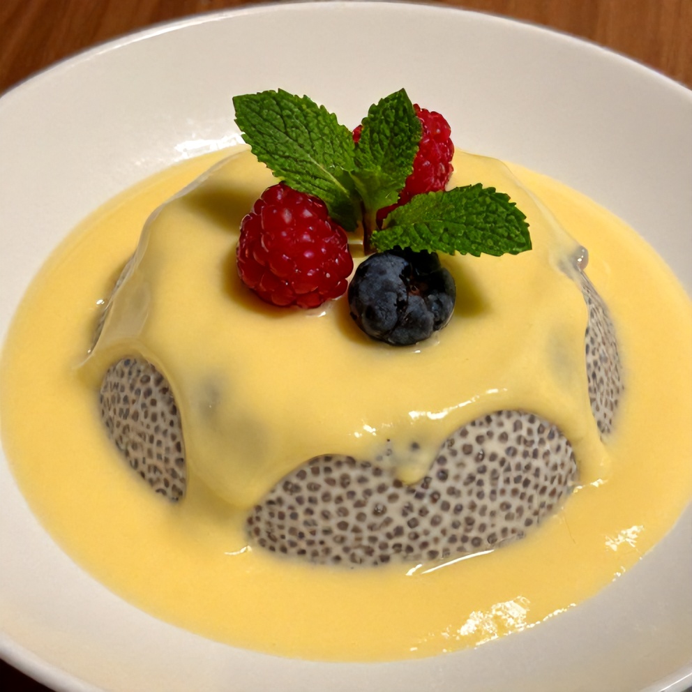Lemon Curd Chia Pudding with fresh berries and mint leaves