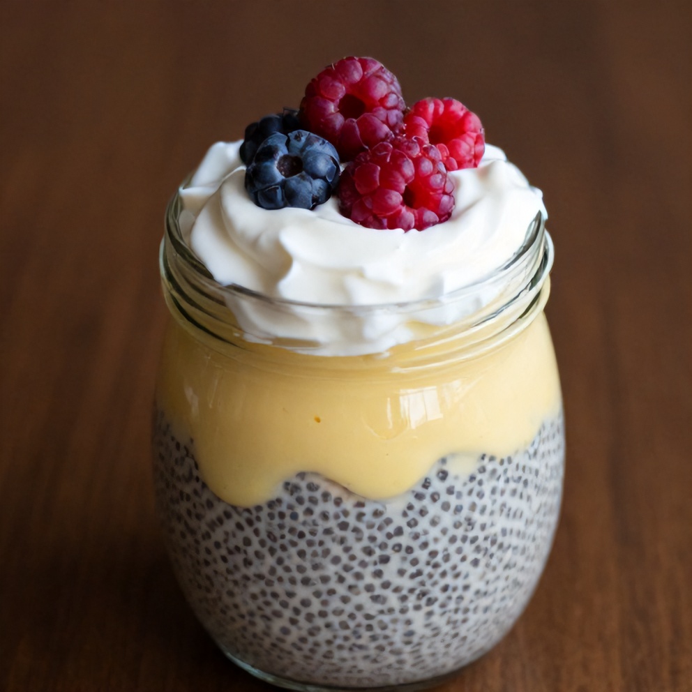 Lemon Curd Chia Pudding with a dollop of coconut whipped cream