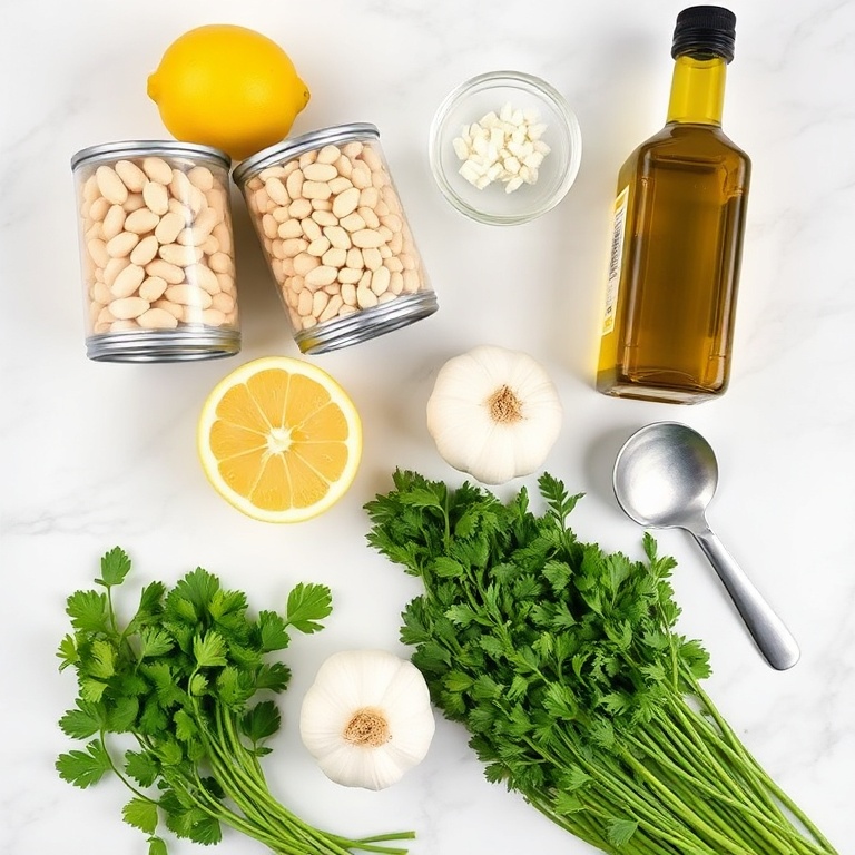 Raw ingredients for lemon herb white bean dip
