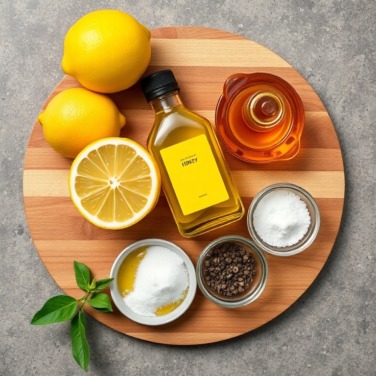 Lemon, olive oil, Dijon mustard, honey, salt, and pepper arranged on a wooden cutting board