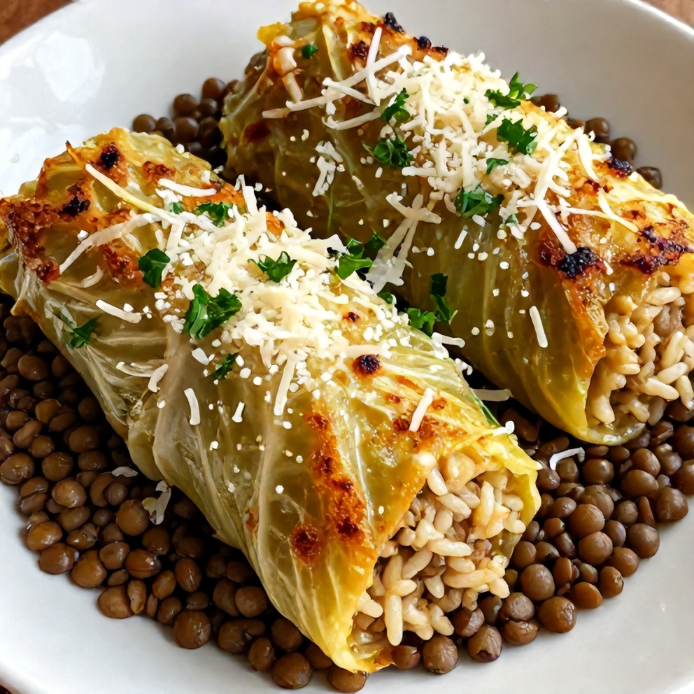 Plated lentil and rice stuffed cabbage rolls