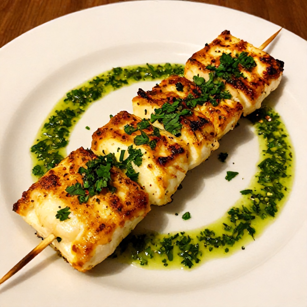 Plated Halloumi Skewers with Lemon and Herbs