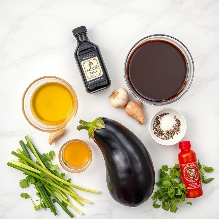 Ingredients for miso glazed eggplant on a marble counter