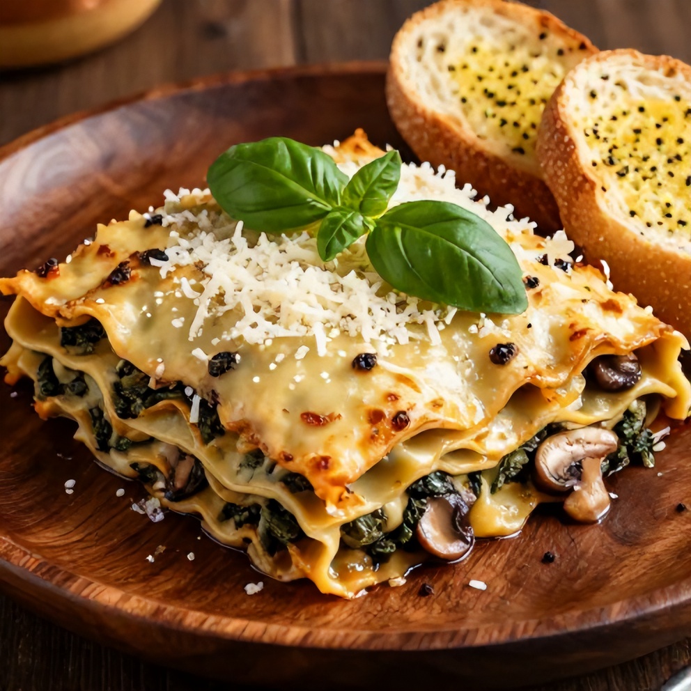Plated serving of Mushroom Spinach Lasagna with a side of garlic bread