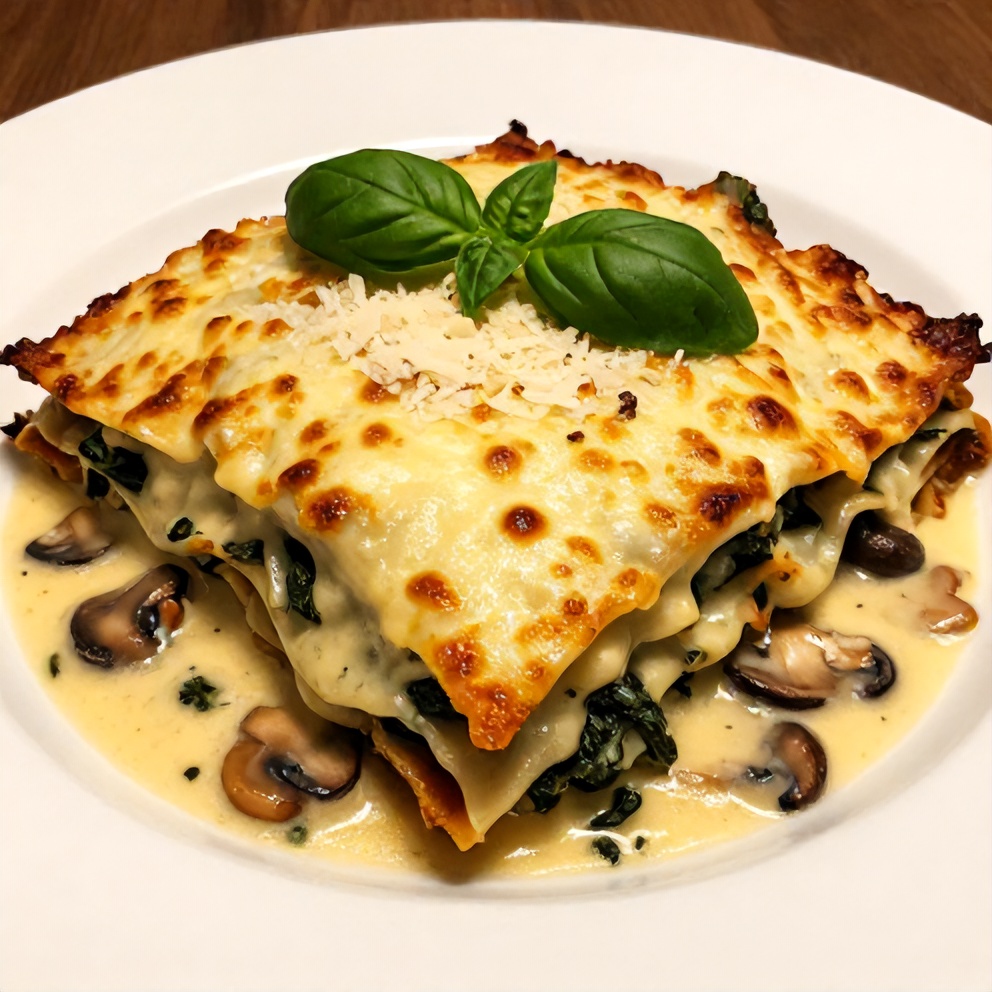 Sliced Mushroom Spinach Lasagna on a plate with a side of garlic bread