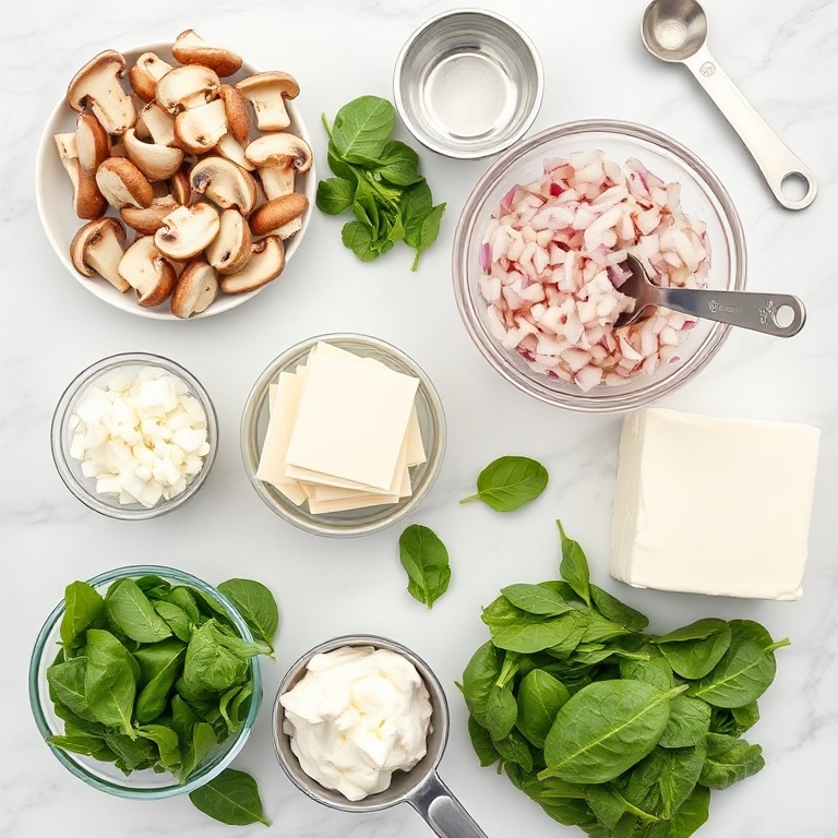 Raw ingredients for Mushroom Spinach Lasagna arranged in a flat lay