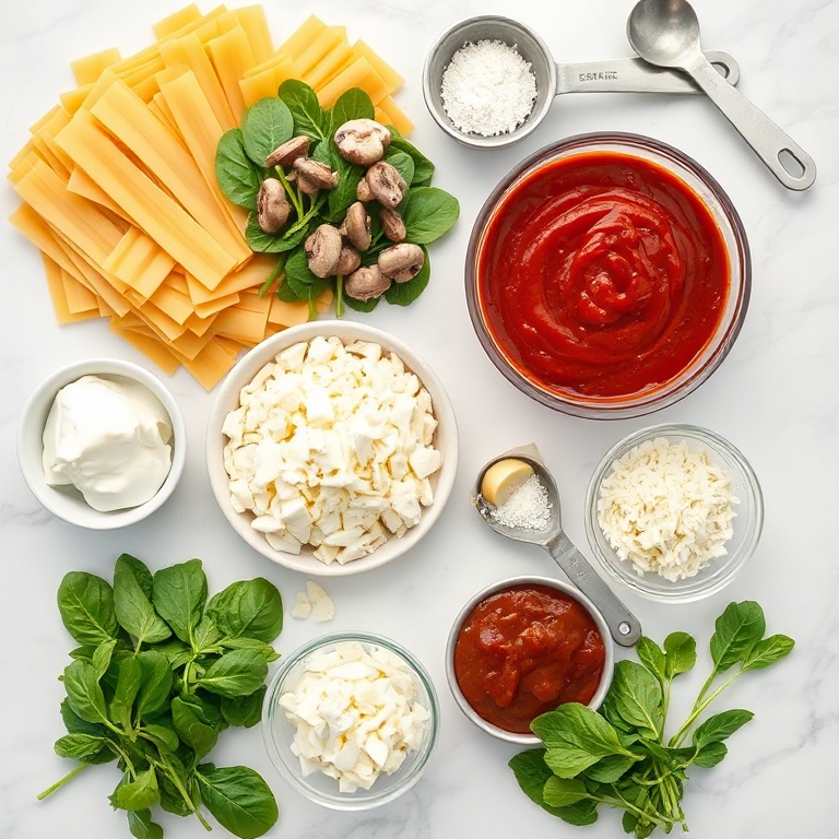 Raw ingredients for Mushroom Spinach Lasagna: lasagna noodles, spinach, mushrooms, ricotta, mozzarella, parmesan, garlic, onion, marinara sauce