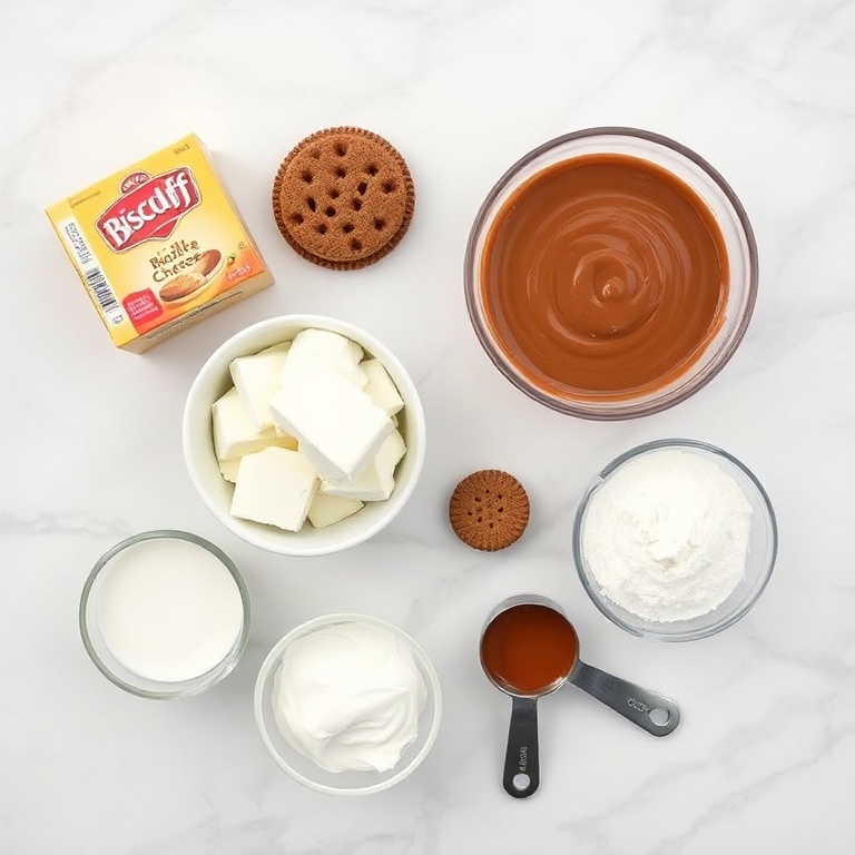 Raw ingredients for no-bake Biscoff cheesecake cups: Biscoff cookies, cream cheese, Biscoff spread, heavy cream, powdered sugar