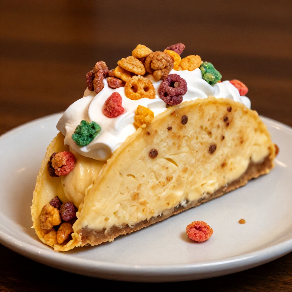 Close-up of No-Bake Fruity Pebbles Cheesecake Tacos