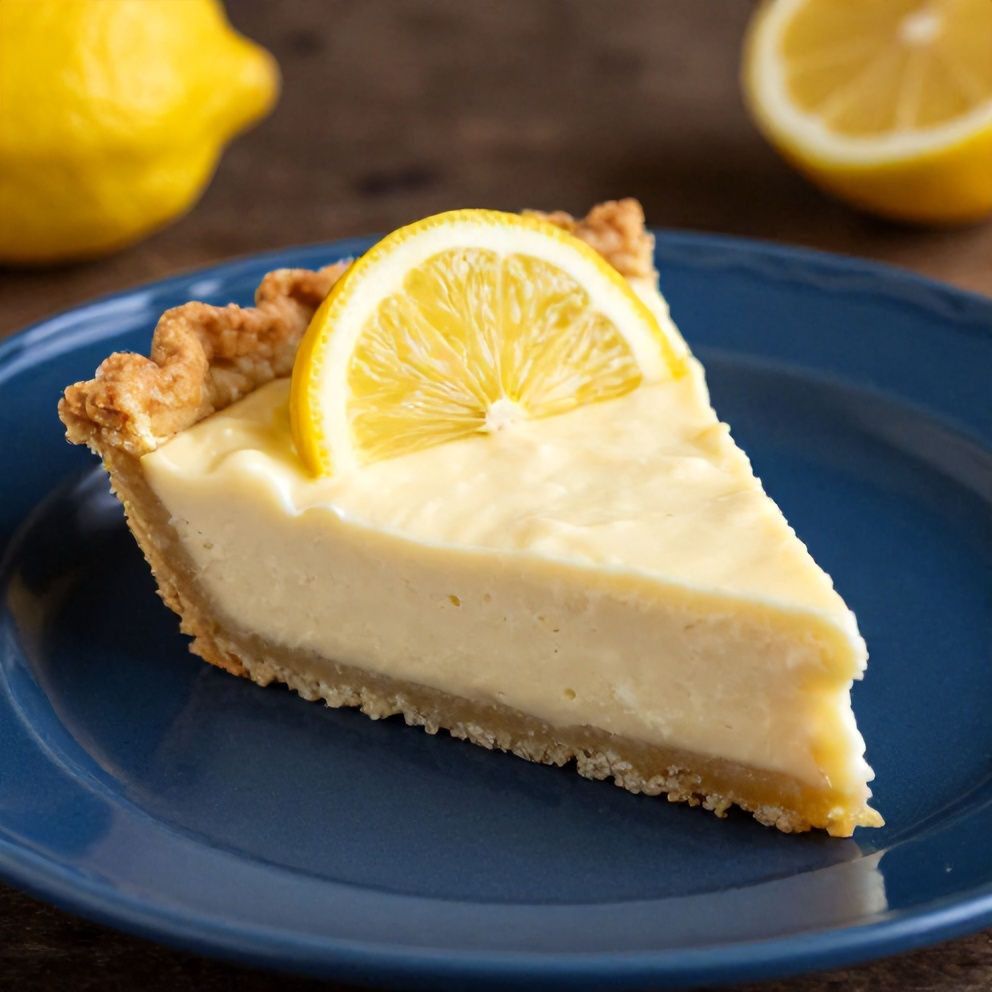 Sliced Easy No Bake Lemon Pie on a blue plate with a lemon slice garnish