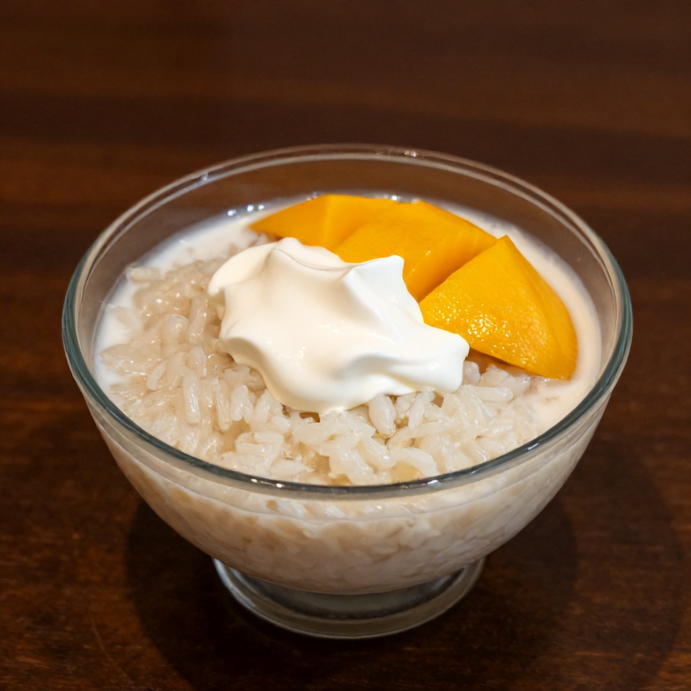 No-bake mango coconut rice pudding served in a glass bowl with a dollop of whipped cream