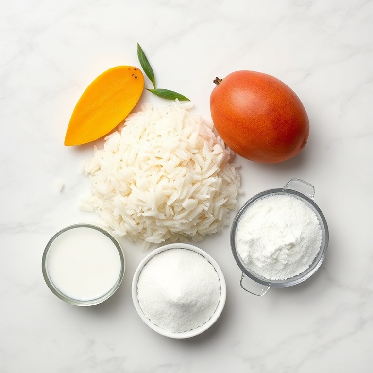 Rice, coconut milk, mango, sugar, and cornstarch arranged on a white marble surface
