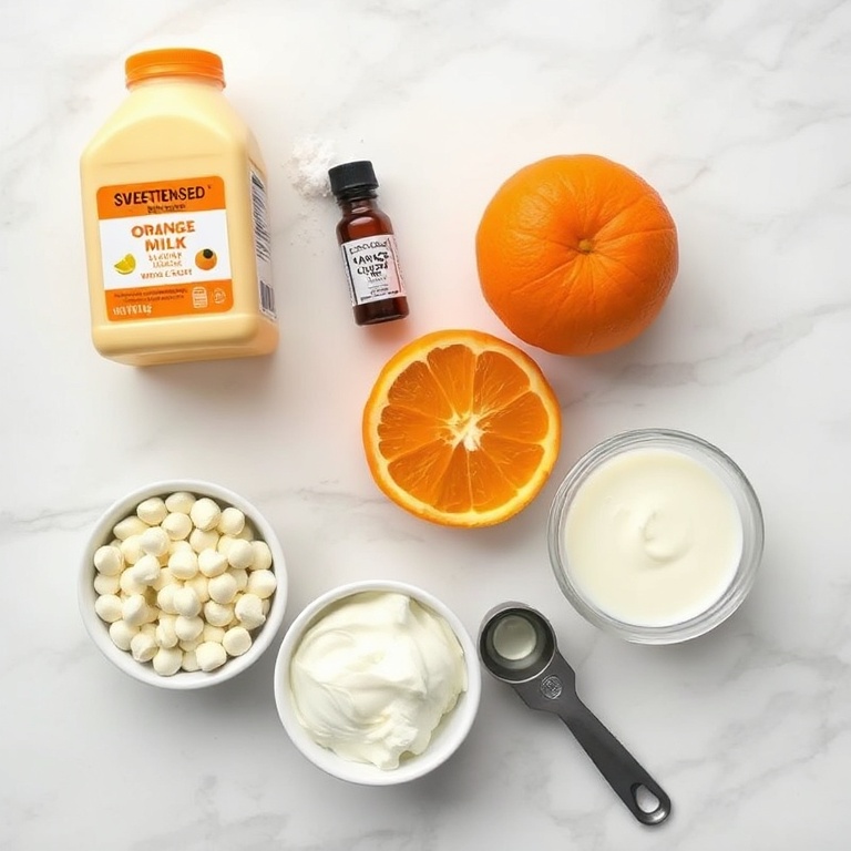 Ingredients for No Bake Orange Creamsicle Truffles on a marble surface