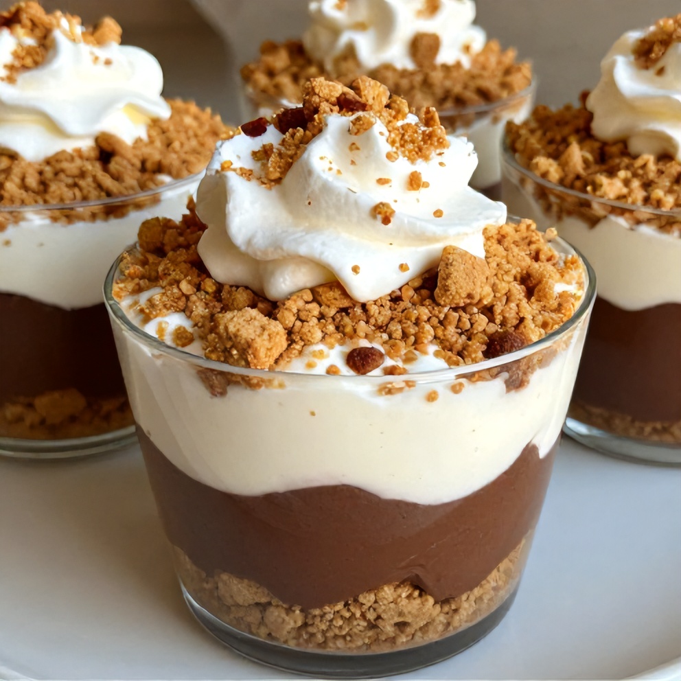 Finished No Bake S’mores Pudding Cups with chocolate pudding, marshmallow cream, and graham cracker crumble