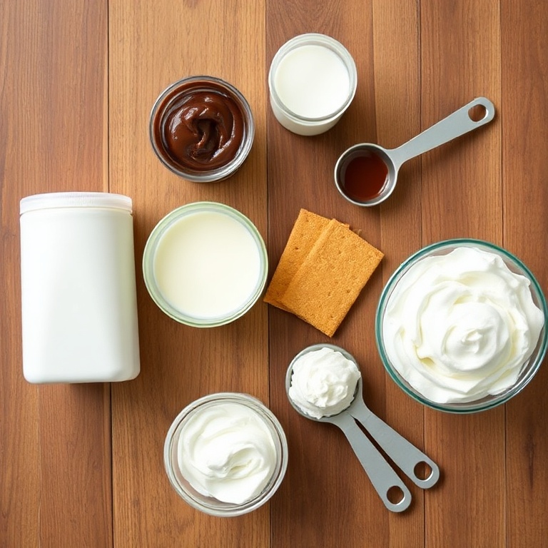 Ingredients for No Bake S’mores Pudding Cups laid out on a wooden surface