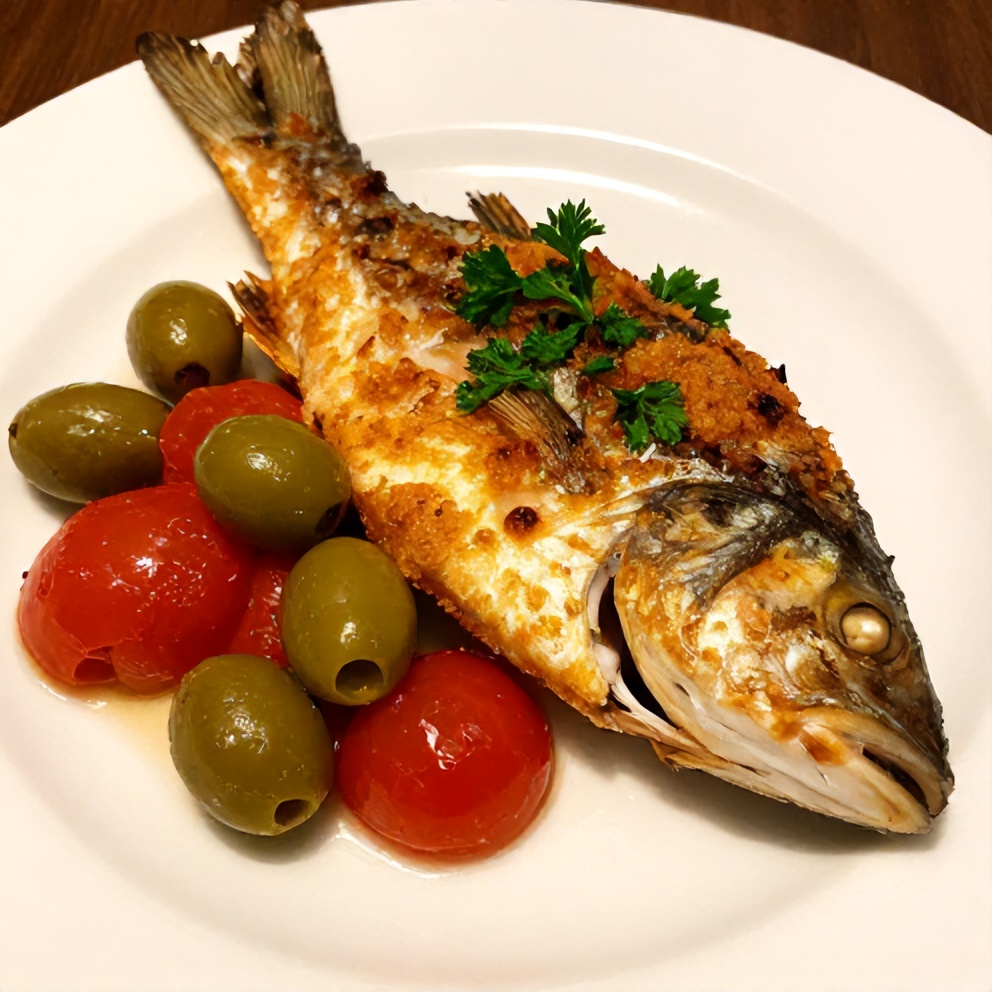 Plated serving of oven-baked sea bass