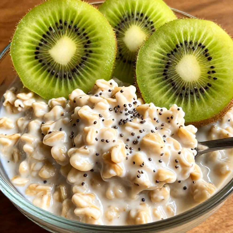Plated overnight oats with kiwi slices and chia seeds