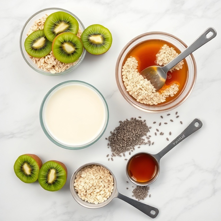 Raw ingredients for easy overnight oats with kiwi and chia seeds