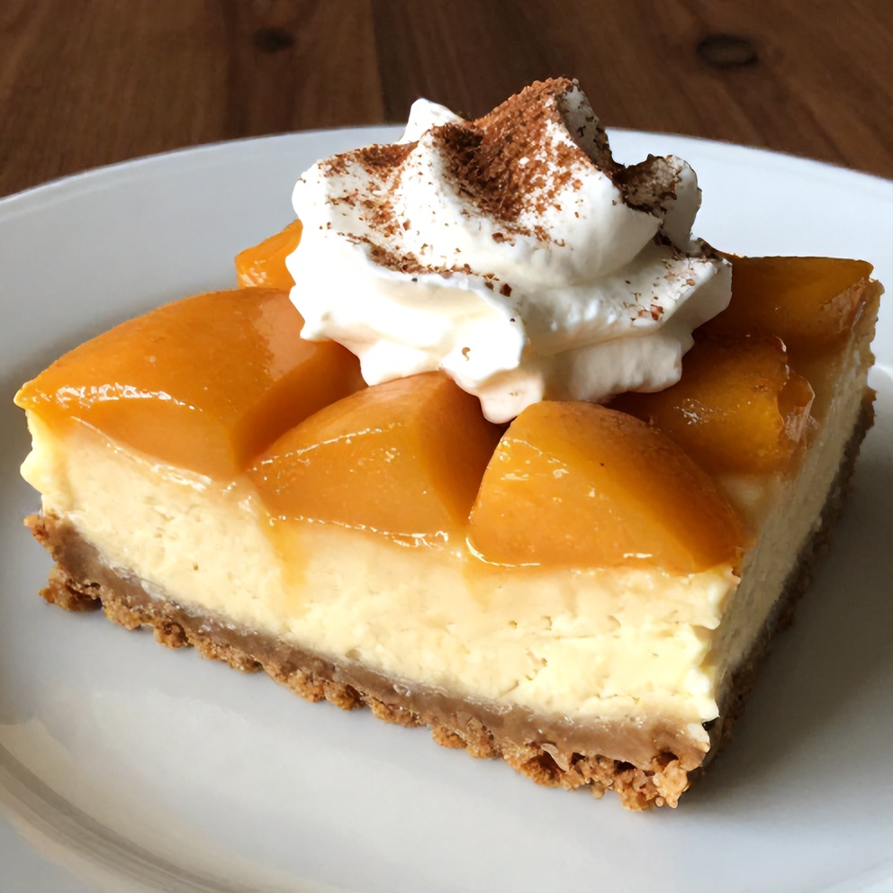 Sliced Peach Cobbler Cheesecake Bars on a plate
