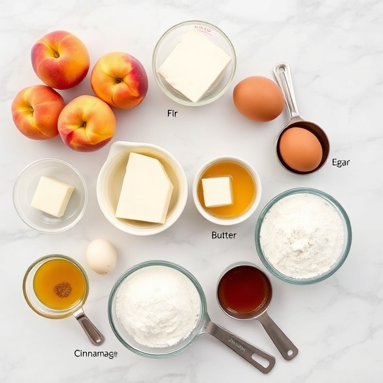 Ingredients for Peach Cobbler Cheesecake Bars on a marble counter