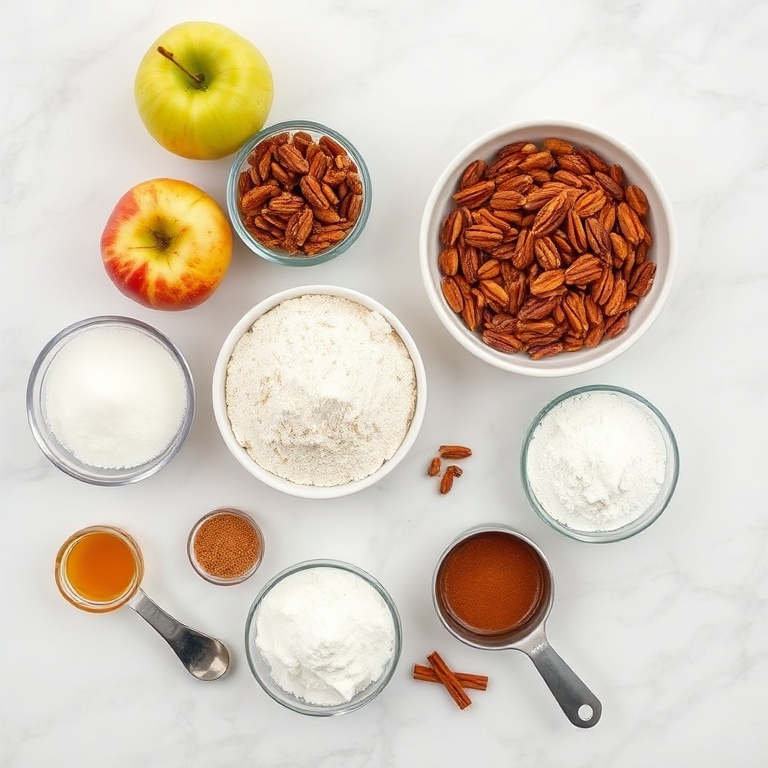 Ingredients for Pecan Apple Crisp Coffee Cake on a marble surface