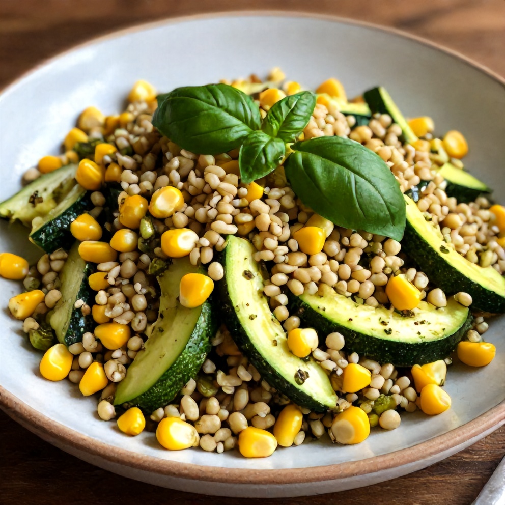 Pesto Zucchini Corn Quinoa Salad plated with fresh basil