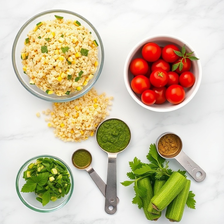 Raw ingredients for Pesto Zucchini Corn Quinoa Salad on a marble surface