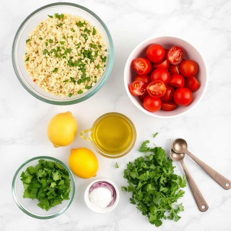 Quinoa Tabbouleh Salad ingredients on a marble surface