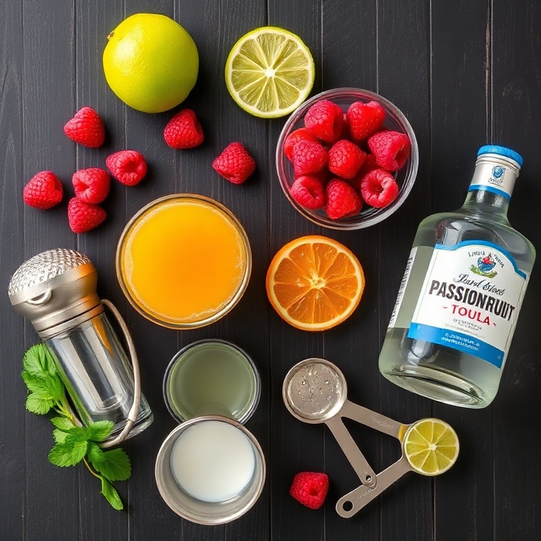 Raspberry, passionfruit, tequila, lime, and simple syrup ingredients laid out on a wooden surface