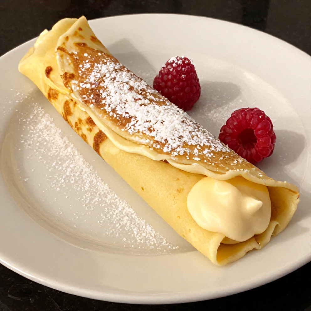 Plated Raspberry Vanilla Cream Crepes with powdered sugar