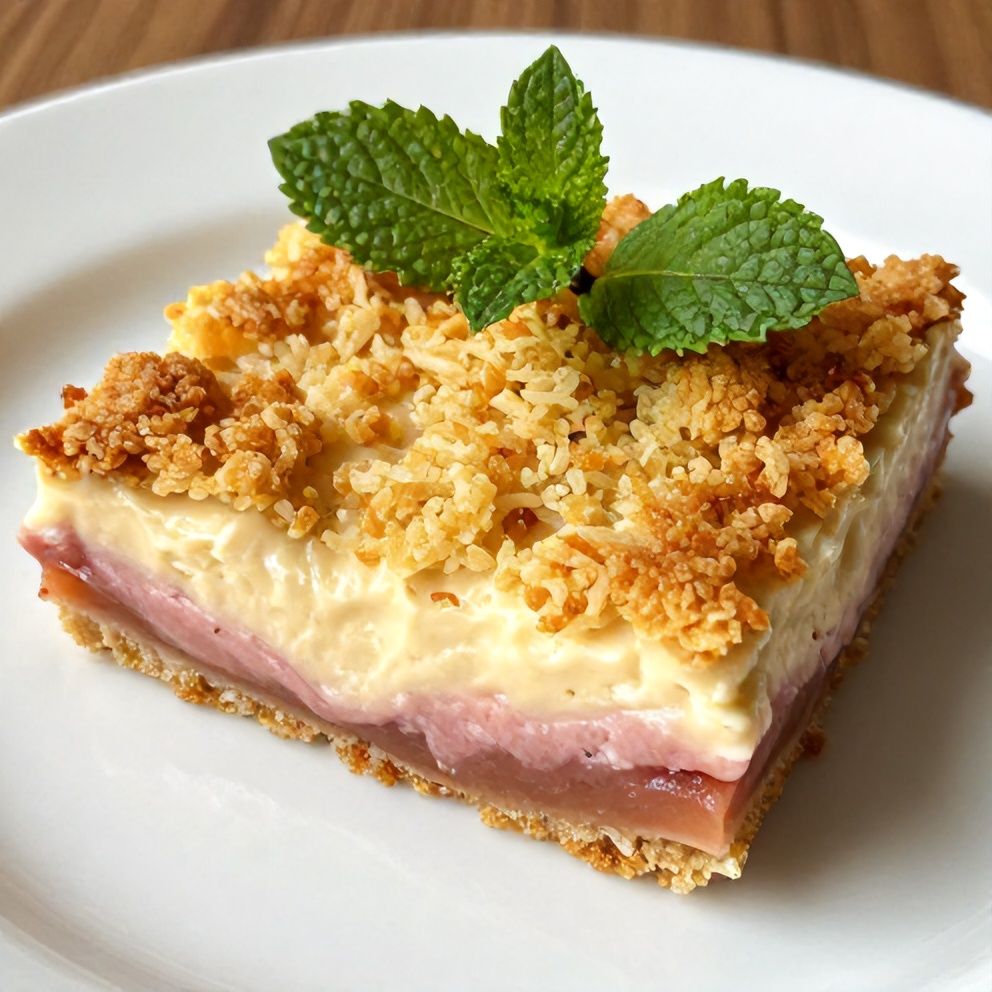 Easy Rhubarb Cream Cheese Bars on a serving plate