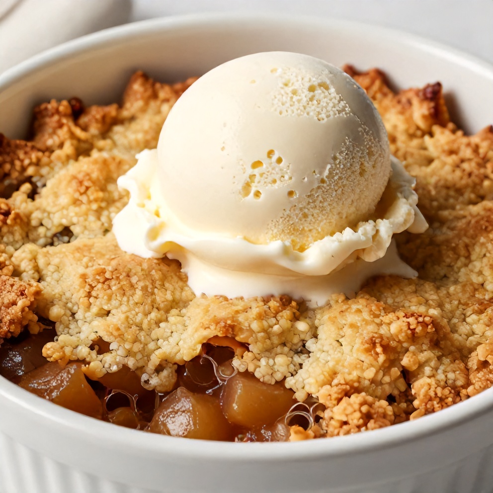 A perfectly baked rhubarb crisp with a scoop of vanilla ice cream