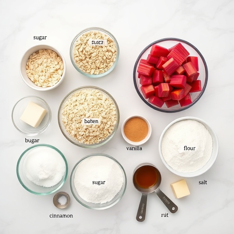 Raw ingredients for easy rhubarb crisp including rhubarb, oats, sugar, and butter