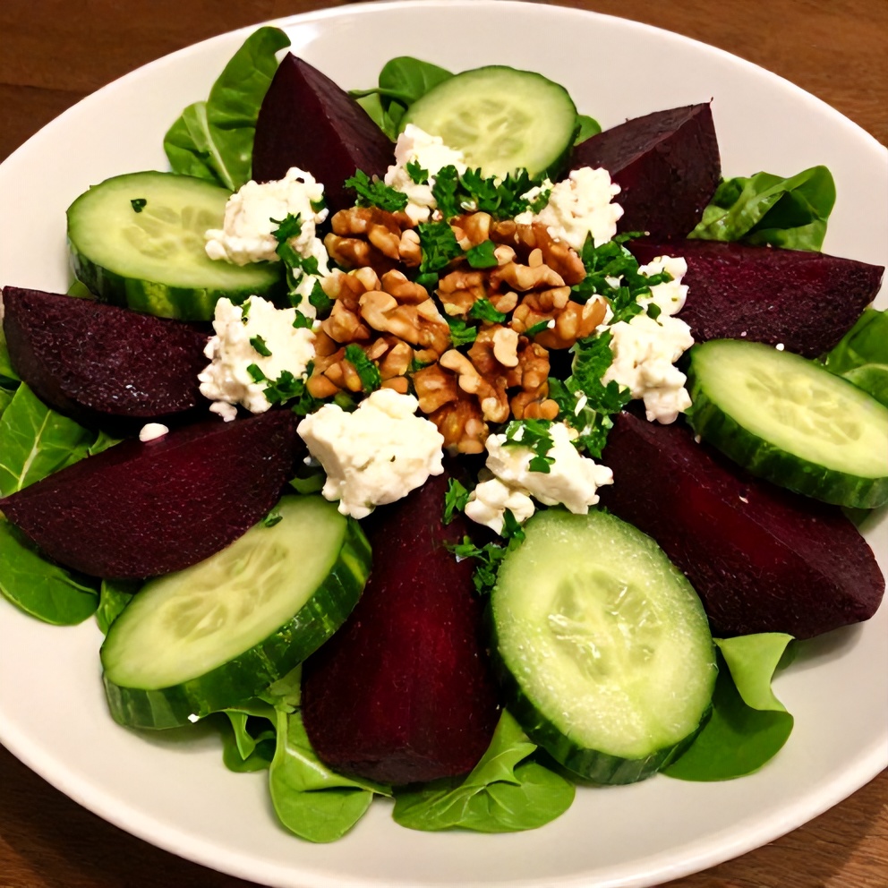 Plated serving of Easy Roasted Beet Salad with Feta and Cucumber