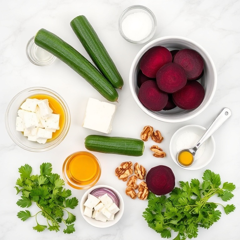 Raw ingredients for Easy Roasted Beet Salad with Feta and Cucumber