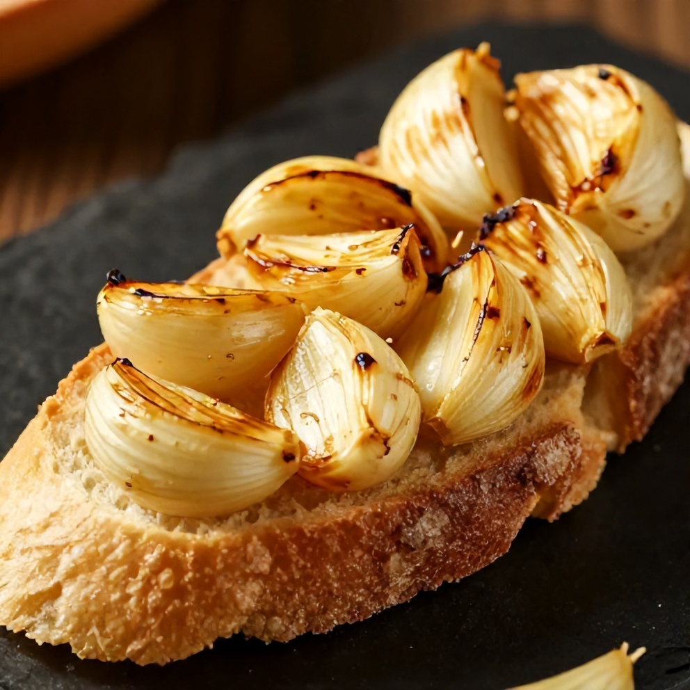 Roasted garlic cloves spread on a crusty bread slice