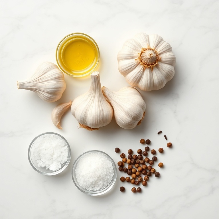 Raw garlic bulbs, olive oil, salt, and pepper arranged on a wooden surface
