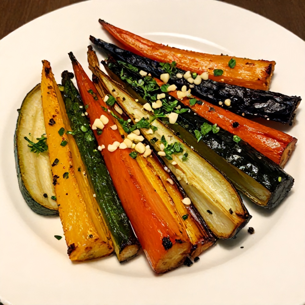Plated Easy Roasted Rainbow Vegetables with Fresh Herbs