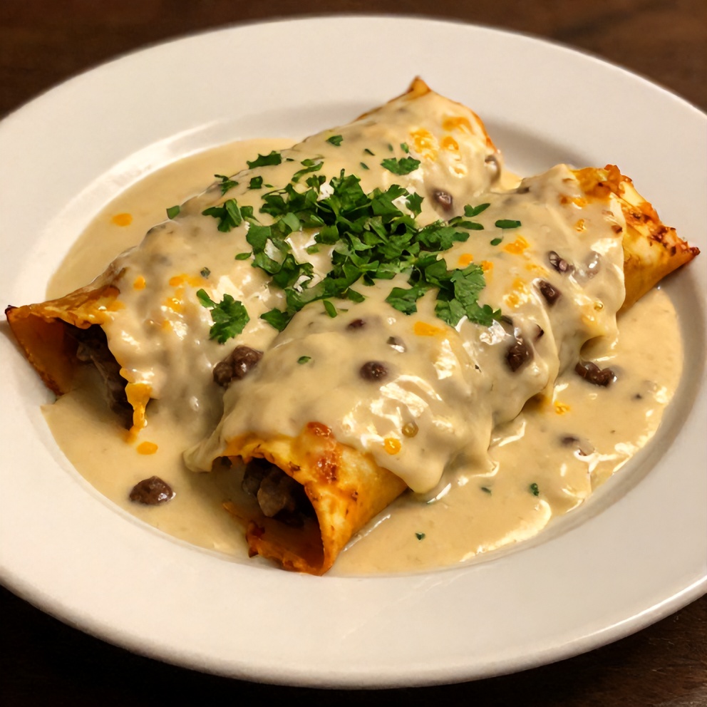 Plated Sausage Gravy Enchiladas with fresh cilantro