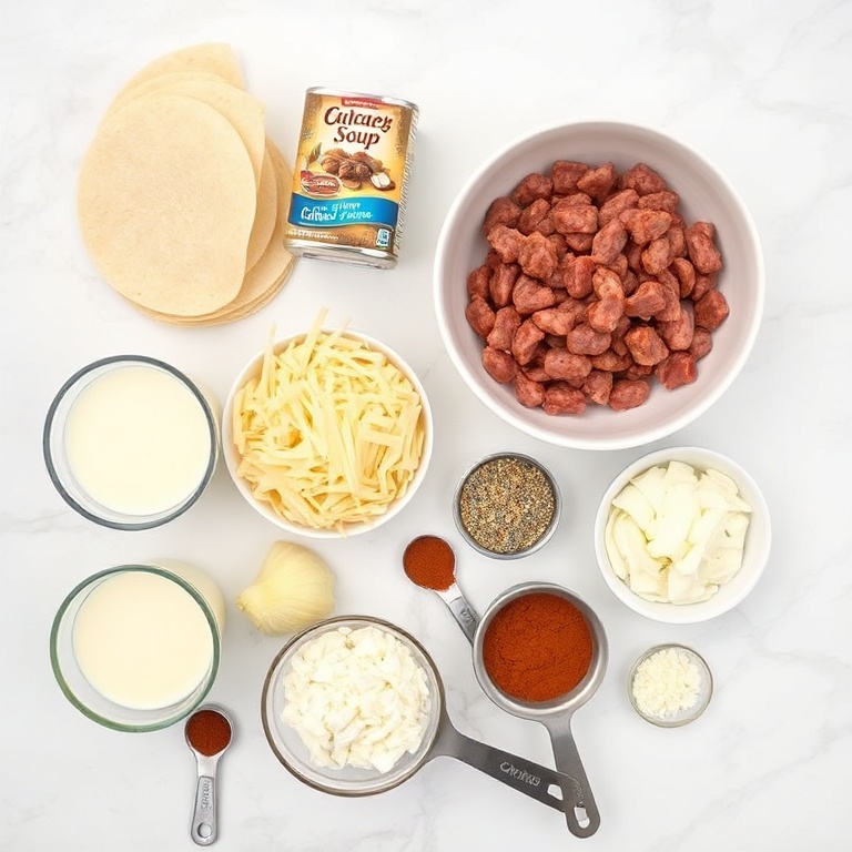 Raw ingredients for Sausage Gravy Enchiladas